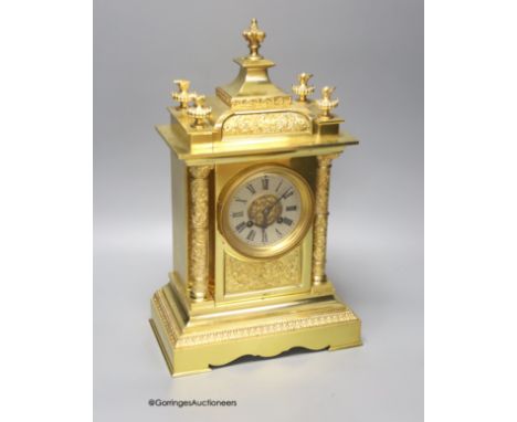   A Victorian architectural ormolu mantel clock, c.1860's, French gong striking movement, height 39cm