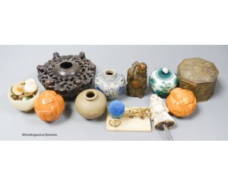   A collection of Chinese decorative pieces including glass, ceramic, metal and mineral