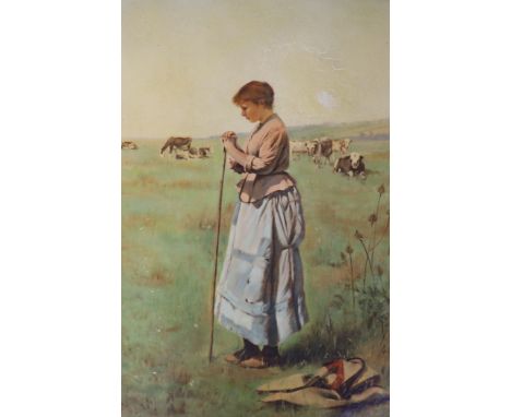   French School, oleograph, Cowherd in a landscape, 66 x 43cm