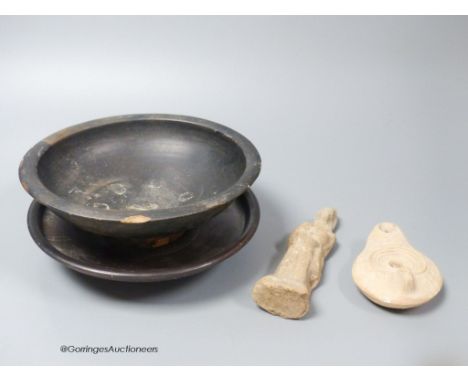   A Roman oil lamp, an ancient terracotta figure and two pre-Columbian bowls, 18cm