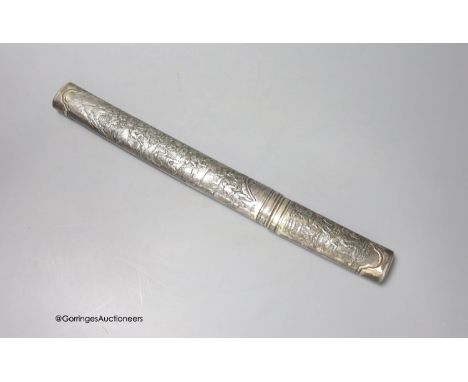   A Japanese short sword within embossed scabbard, blade 19cm