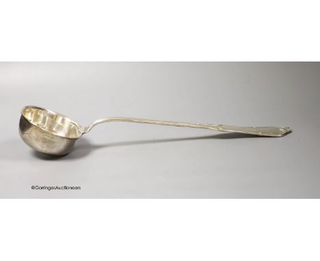  A German 800 standard white metal soup ladle, with engraved initial (a.f.), 36.7cm, gross 8oz.