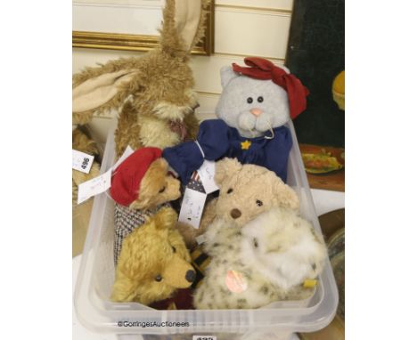   A Deans Jo Greeno bear with Deans limited edition bears; Boyds rabbit and an American comic cat, musical rag time bear and 