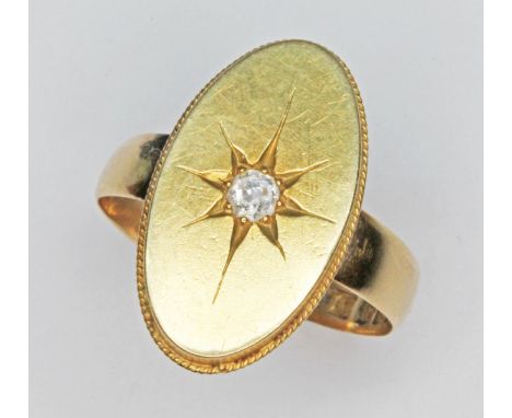 A Scottish 18ct gold diamond ring, the old cut stone weighing approx. 0.08cts, set within an oval and mounted on band, hallma