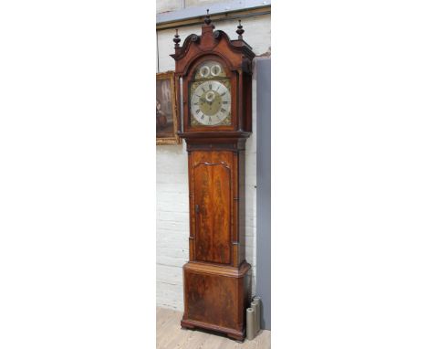 A Georgian mahogany long case clock, 14" brass dial with steel chapter ring, chime/silent, strike/silent, signed 'Jonathan Ne