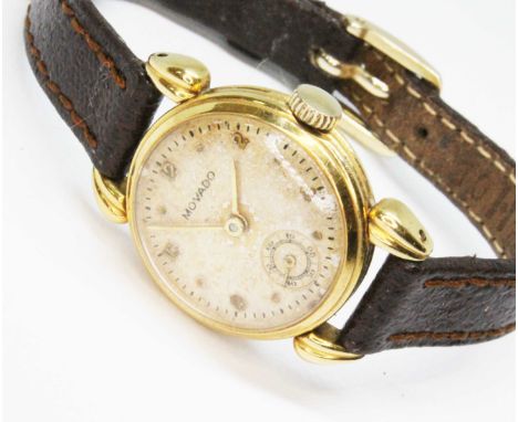 A ladies 18ct Movado wristwatch, case diameter 22mm, signed dial with seconds subsidiary, 15 jewel manual wind movement, leat