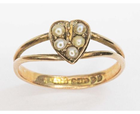 A late Victorian/Edwardian seed pearl heart cluster ring, hallmarked for Edwin Alfred Marsh, Chester 1901, gross wt. 1.1g, si