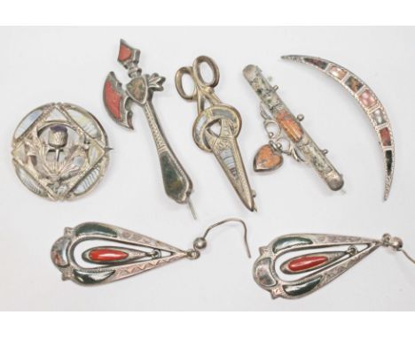 Assorted Scottish and similar hallmarked silver and white metal hardstone set jewellery comprising an axe brooch, a brooch mo