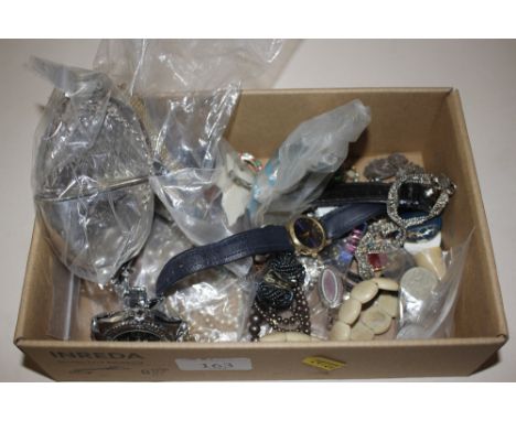 A box containing cut glass and silver plate mounted flask, various wrist watches, costume jewellery, coins etc. 