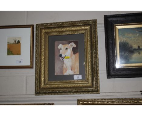 R Tuck, watercolour study of a greyhound in gilt frame 
