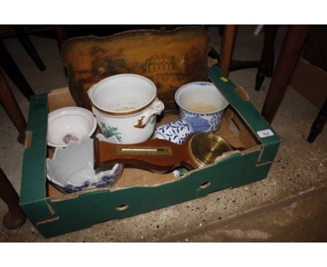 A box containing a tray decorated with Royal Mail coach; various jardinière's and a barometer