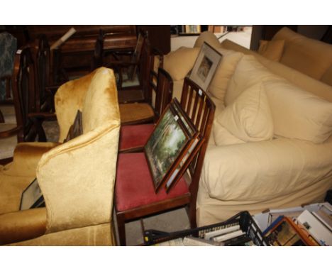 Two cane seated bedroom chairs; an mahogany inlaid stick back chair; and a dining chair 