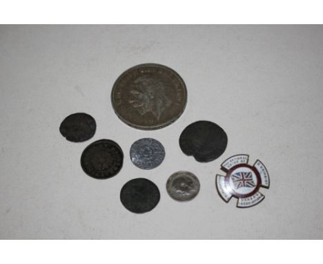 A 1935 crown; 5 ancient coins; and a National Union of Woman's Association enamel badge