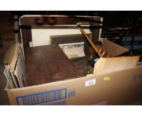 A box containing a carved coconut smokers compendium ; a lacquered glove box; riding crop; Anniversary clock; pictures and pr