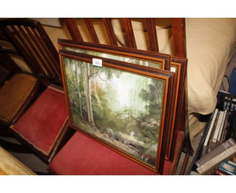 R Wellington, two oil onboards depicting woodlands paths; and T McKee oil onboard study 