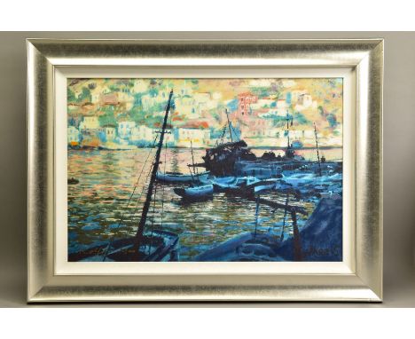 ROLF HARRIS (AUSTRALIA 1930) 'GREEK FISHING VILLAGE', a limited edition print 28/175, signed bottom left with certificate, ap