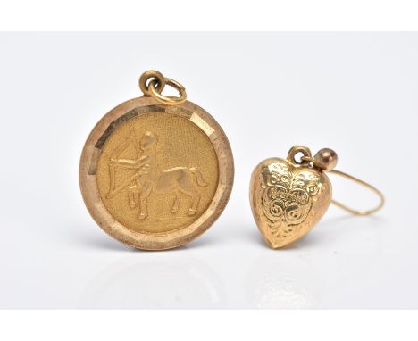 A 9CT GOLD PENDANT AND SINGLE EARRING, the pendant of a circular form depicting the zodiac sign for Sagittarius within a text