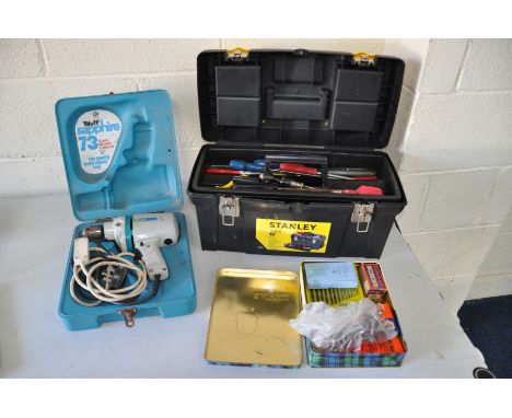 A PLASTIC TOOLBOX and tin containing a small quantity of tools together with a cased Wolf electric drill (PAT fail) (3)