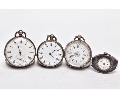 THREE WHITE METAL OPEN FACED POCKET WATCHES AND A WATCH MOVEMENT, the first with a white floral decorative dial, Roman numera