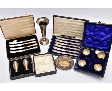 A SELECTION OF SILVER ITEMS, to include a cased set of two urn style pepperettes, hallmarked Birmingham 1917 'Henry Williamso