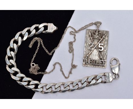 A SILVER INGOT PENDANT NECKLET AND A SILVER CURB LINK BRACELET, the ingot pendant decorated within a textured panel depicting