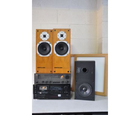 A NAD 7020 AM/FM STEREO RECIEVER, Denon DR-171 tape deck, Denon TU-215RD AM-FM stereo tuner, a pair of Monitor Audio system R