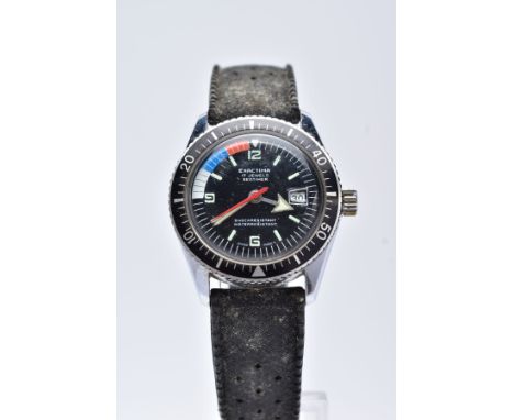 A GENTS EXACTIMA WRISTWATCH, round black dial signed 'Exactima 17 jewels, shock resistant, water resistant', Arabic and baton
