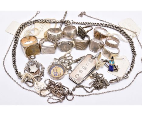 A BAG OF ASSORTED SILVER AND WHITE METAL JEWELLERY, to include a silver Albert chain fitted with two lobster claw clasps and 