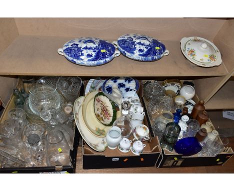 THREE BOXES OF CERAMICS AND GLASS, ETC, to include Poole Pottery flan dish, two blue and white tureens with lids, Gainsboroug