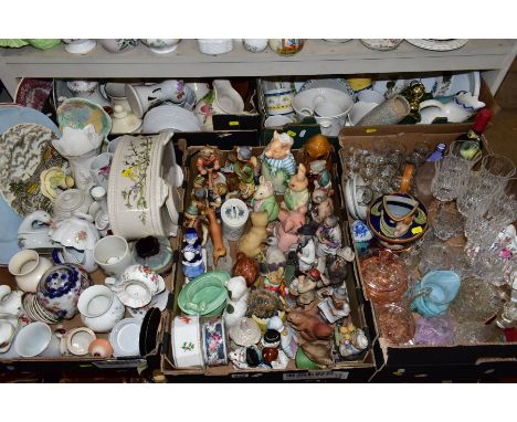 FIVE BOXES, A BASKET AND LOOSE CERAMICS, GLASS, ETC, to include Hummel/Friedel (sd), Border Fine Arts Boxer, Wade tortoise, t