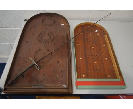TWO VINTAGE BAGATELLE BOARDS, one labelled Moley Bogey, along with a fencing sword (3)