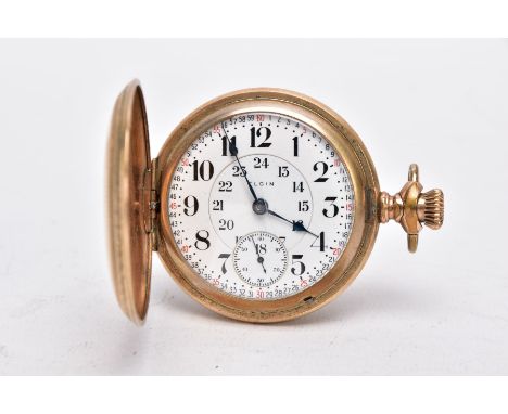 A GOLD PLATED FULL HUNTER POCKET WATCH, round white dial signed 'Elgin', double dial with Arabic numerals, seconds subsidiary