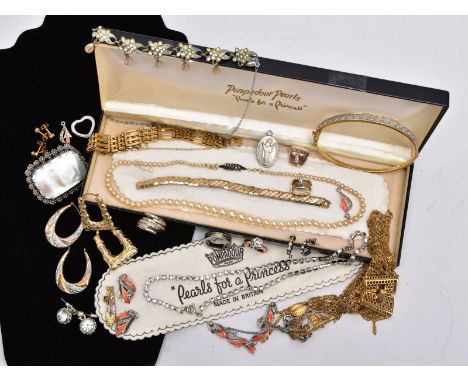 A BOX OF ASSORTED COSTUME JEWELLERY, to include a pair of 9ct gold textured square hoop earrings, hallmarked 9ct gold Sheffie