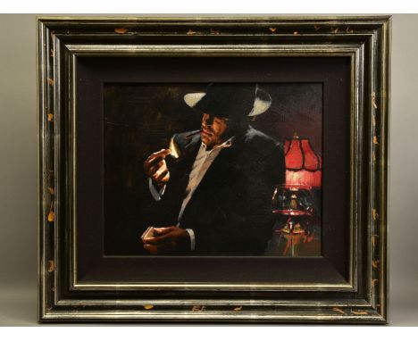 FABIAN PEREZ (ARGENTINA 1967) 'MAN LIGHTING A CIGARETTE II', a portrait of a male figure in a bar, signed bottom right, signe