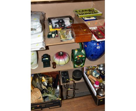 TWO BOXES AND LOOSE SUNDRY ITEMS, ETC, to include a new old stock pair of John Lewis pencil pleated curtains 228cm x 137cm ea
