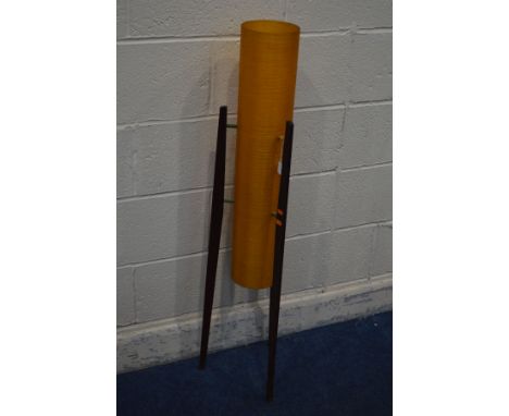 NOVOPLAST, AN ORANGE SPUN FIBREGLASS ROCKET LAMP, c.1970's, raised on three teak supports and double tier light fittings, hei