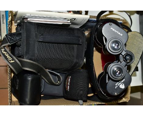CAMERAS AND BINOCULARS comprising Fuji S5000 bridge camera, Fuji 265IX compact APS camera, Olympus Camedia C-350 zoom, Minolt