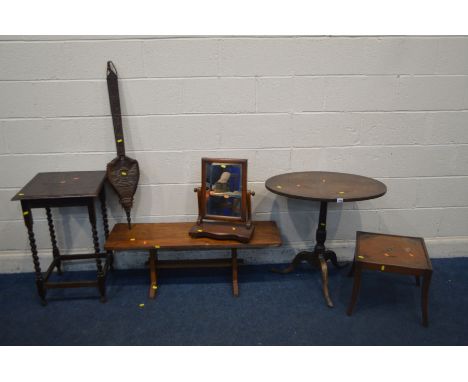 A GEORGIAN OAK OVAL TOPPED TRIPOD TABLE, together with an oak barley twist occasional table, coffee table, Victorian toilet m