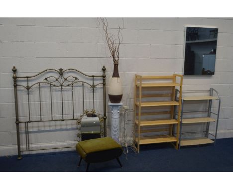 A MODERN BEECH FOLDING BOOKCASE, another folding bookcase, a metal 4ft6 headboard, retro sewing box, brass wall mirror, moder