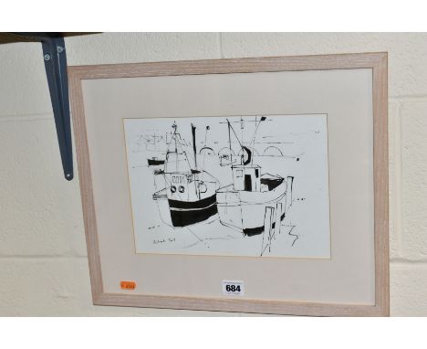 RICHARD TUFF (BRITISH 1965) 'LOOE TRAWLERS' a pen and ink sketch of boats in Looe harbour, signed lower left, mounted, framed