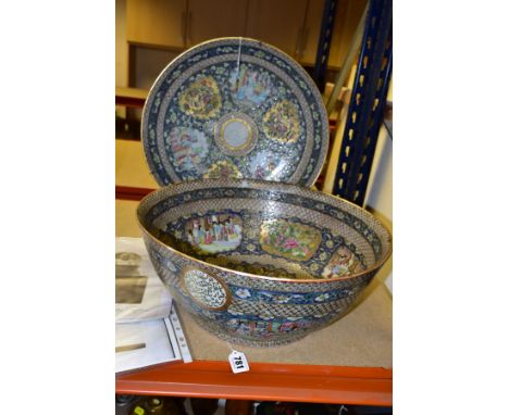 A LATE 19TH CENTURY CANTONESE FAMILLE ROSE CIRCULAR DISH AND MATCHING BOWL FROM A SERVICE MADE FOR MA'SUD MIRZA ZILL-AL-SULTA