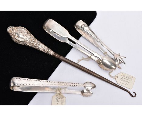 THREE PAIRS OF SILVER SUGAR TONGS AND A BUTTON HOOK, to include a pair of Victorian Fiddle pattern sugar tongs hallmarked Lon