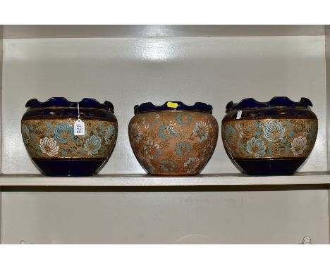 A PAIR OF ROYAL DOULTON SLATERS PATENT STONEWARE JARDINIERES AND ANOTHER SIMILAR, all three with dark blue  glazed way rims, 
