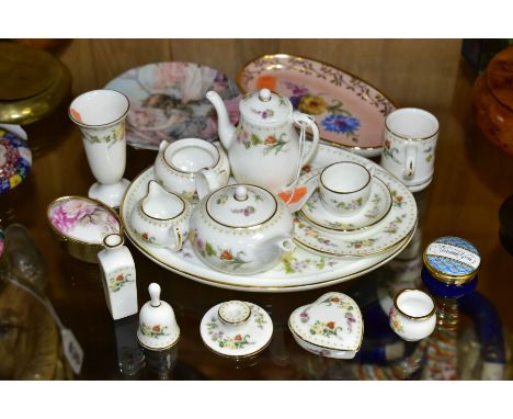 A WEDGWOOD MINIATURE TEASET, together with other Wedgwood miniature ornaments, modern enamel patch boxes, Royal Worcester and