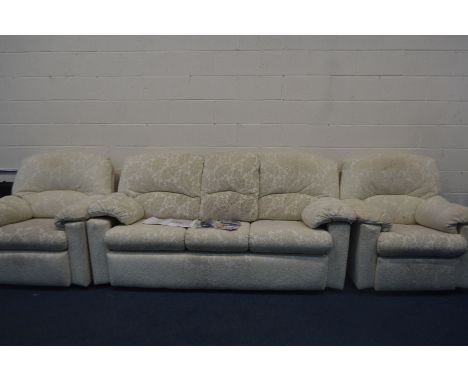 A G PLAN FOLIATE CREAM UPHOLSTERED THREE PIECE LOUNGE SUITE, comprising a three seater settee, width 209cm, a manual reclinin