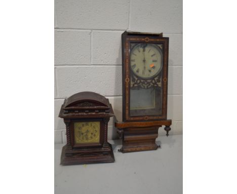A DISTRESSED MAHOGANY MANTEL CLOCK, with a brass 5inch dial, along with a distressed walnut and inlaid wall clock (losses)