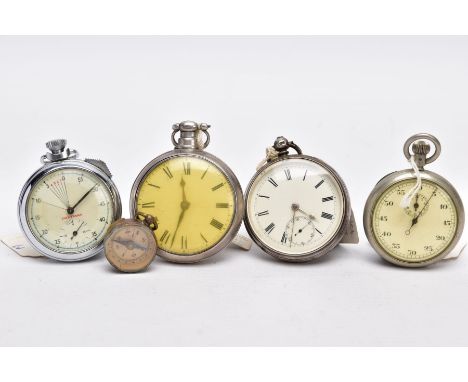 THREE OPEN FACED POCKET WATCHES, A STOP WATCH AND A COMPASS, to include a silver open faced pocket watch with a white dial, R