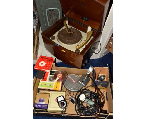 A WALNUT CASED PYE HIFI AND A CASED FERROGRAPH IN GREEN, together with a box containing a boxed Bolex Trifilm splicer, a boxe