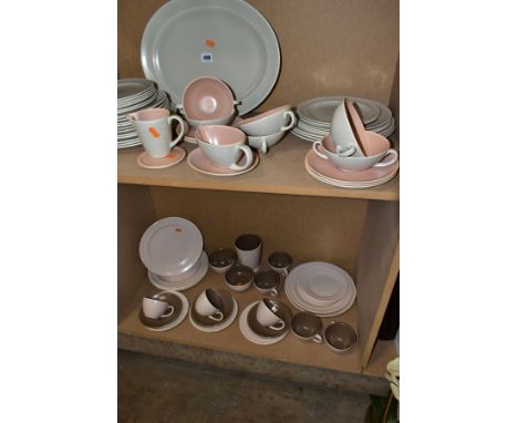 POOLE POTTERY DINNERWARES, twintone in Dove grey/pink and mushroom/sepia, to include plates, cups/saucers, sauce boat/stand, 