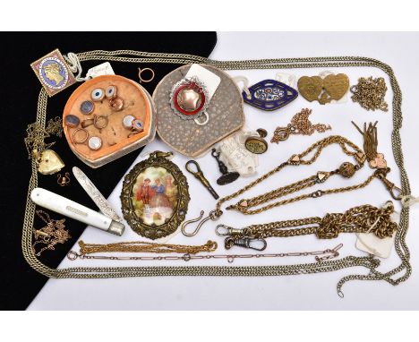 A SELECTION OF ITEMS, to include a box of rose gold tone dress studs, a silver and red enamel medal fob with a rose gold tone